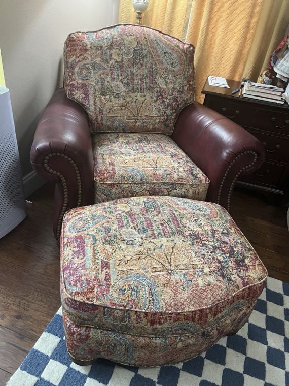 Reupholstered tapestry armchair with matching ottoman