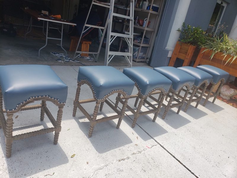 Batch of six blue leather counter stools with nailhead trim